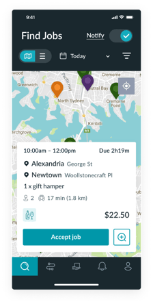 Sherpa Driver App image with details of jobs and fees available at Sherpa